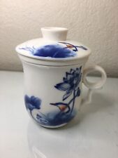  3 pc Chinese Porcelain Tea Cup Mug with Infuser Strainer & Lid Blue White    picture