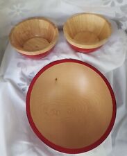  3 PC SET Large Wooden Red Bowl 2 Small Bowls Salad Natural Inner Wood picture