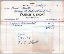 1950's REHOBOTH BEACH DELAWARE FRANCIS SHORT ELECTRICAL CONTRACTOR BILLHEAD picture