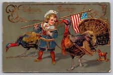 Postcard Thanksgiving Greetings Patriotic Child Carrying Flag & Pole Turkey picture