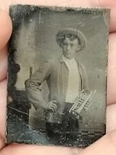 Tintype Gem Size Man With Trumpet Instument picture
