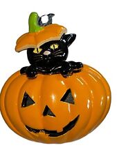 Black Cat inside a Pumpkin Pin Brooch with Black Background Halloween Marked FL picture