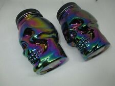 Nice Iridescent Set of SKULL Tumblers w/ Lid & Straw (Oil Slick) Very Good  picture