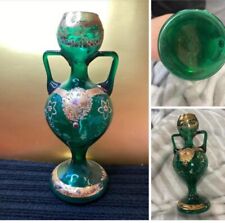 Bohemian Glass Vase Czech Green Double Handle 1800’s picture