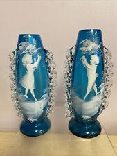 Antique Victorian Pair Mary Gregory Blue Vases With Rigaree picture