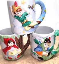 3 Vintage Fairy Tale Tea Cups Hand Painted Peter Pan,  Red Riding Hood & Jack  picture