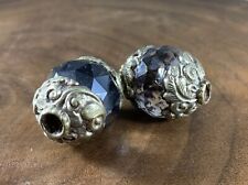 2 Tibetan Beads Faceted Crystal Ball Silver Metal Repousse Jewelry picture
