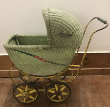 Antique Wicker & Metal GREEN Victorian Baby Doll Pram Buggy Carriage Stroller picture