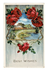 Vintage Postcard  BEST WISHES   ROSES HOUSE WATER  GOLD  GEL  EMBOSSED  UNPOSTED picture