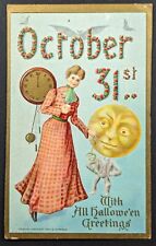 Postcard Vintage Halloween Woman Anthropomorphic Moon Man Clock picture