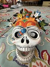 Large Mexican Day of the Dead Skull With Butterflies Figurine Clay Ceramic picture
