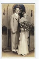 Wedding Photo RPPC Postcard Sized Perfect Couple Flower Bouquet c1935 picture