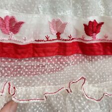 VTG PR UNUSED DOTTED SWISS RED WHITE PINK SHEER CURTAINS 45X39 EMBROIDERY RUFFLE picture