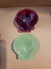 Vintage Lime Green And Red Glass Shell Shaped Open Salt Cellar Footed picture