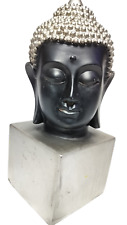 Buddha Head (Black Skin, Silver Headdress) On A Silver Block Stand 9.5