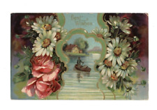 Vintage Postcard  BEST WISHES   DAISY ROSE  BOAT  GOLD   GEL POSTED POSTED 1908 picture