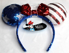 Disney Minnie Mouse Red White Blue Silver Star Sequin Ears 4th Of July Headband picture