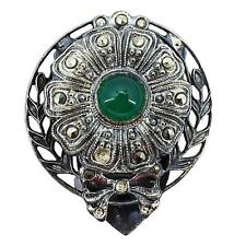 Vintage Antique Art Deco Sterling Silver Shoe Buckle With Jade Marcasite picture