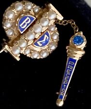 10K Yellow Gold Beta Sigma Seed Pearl Torch Sorority Pin BLUE AMETHYST 6.21g Vtg picture