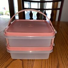 TUPPERWARE Square Box Lunch Keeper 1362-23 Lid 1363-27 Handle 2529-3 Rose Pink picture