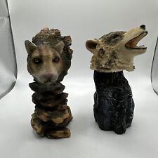 Vintage Wild Cougar Mountain Lion & Wolf Textured Wood/Stone Ceramic Figurine 5