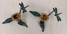 2 VTG Bronze Metal Dragonfly Leaf Branches Candle Holder Nature Decor Patina picture