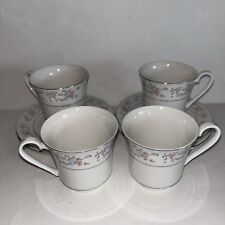 Four Sets Dynasty White Floral Silver Trim Fine China Mug/Saucer (11049) picture