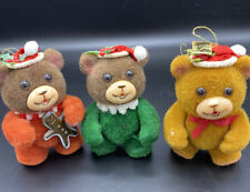 Christmas Bears Teddies Velvety Soft flocked Hanging Tree Ornaments VTG Lot Of 3 picture