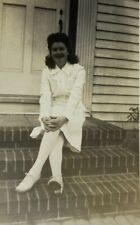 Pretty Woman In White Dress Sitting On Brick Steps B&W Photograph 2.75 x 4.5 picture