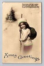 Xmas Greetings, Child Walking, Snow, Antique, Vintage c1912 Postcard picture