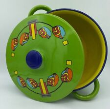 Vintage Peter Max Green Enamel Double Handled Pot w/lid Hippie Psychedelic MCM picture