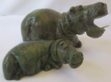 CARVED JADE GREEN STONE MOTHER AND BABY HIPPOPOTAMUS HIPPO FIGURINES picture