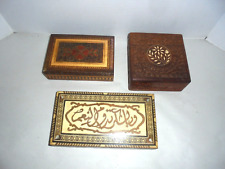 THREE OLD VINTAGE WOODEN JEWELRY BOXES WITH LIDS INLAID picture