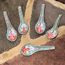 Vintage 20th C. Chinese Asian Porcelain Soup Spoons 5 Medallion Famille Rose picture