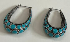 PAIR LARGE ELEGANT VINTAGE SILVER METAL AND INLAY TURQUOISE EARRINGS FABULOUS picture