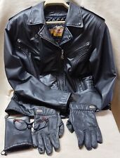 harley davidson womens jacket Leather Sz Medium Gloves And Glasses Black picture