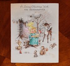 1947 VTG Christmas Card ANGEL with APPLIED PINK FEATHER WINGS DEER BUNNY ANIMALS picture