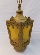 Vtg Spanish Revival Brass Amber Glass Panels Hanging Pendant Light 10
