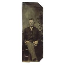 Hated Cutoff Seated Man Tintype c1870 Antique 1/6 Plate Chair Sitter Photo B3149 picture
