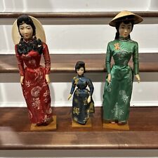 Set of 3 Vintage Vietnamese Dolls on Wooden Base 17” & 11” Tall Has Loose Arms  picture