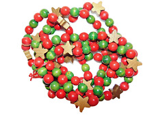 Vintage Wooden Bead Garland Red, Green, Gold Stars 8 ft long 1 Strand picture