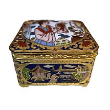 Vintage Cloisonne Trinket Jewelry Box - Man w/ Bird Oriental Enamel Square picture