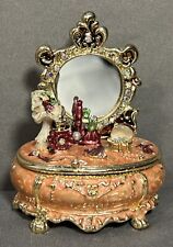 Enamel Bejeweled Trinket Box Shaped Like Vanity with Mirror Hinged Rhinestones picture