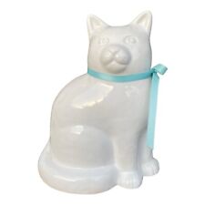 Vtg Cat Statue LARGE WHITE CERAMIC PORCELAIN Feline Kitten Figurine Blue Ribbon picture