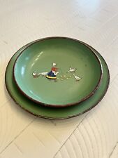 Vintage Lady Feeding Geese Enamel Child's Plate & Bowl Czechoslovakia picture
