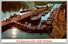 Vintage Postcard WA Seattle U. S. Government Locks Boats People Chrome ~13297 picture