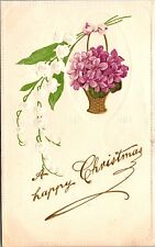Vtg A Happy Christmas Purple Flower Bouquet White Roses 1910s Greetings Postcard picture