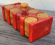 Antique Vintage Smaller Red Marble Bakelite Catalin Poker Chip Caddy with Chips picture