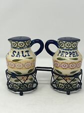 Vintage Temp-tations blue Old World Salt And Pepper Shakers With Holder RARE HTF picture