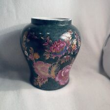 Vintage Chinese Famille Rose Porcelain Vase Handpainted Pink Floral Dark Green picture